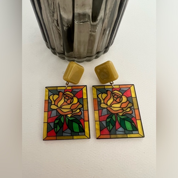 Art Nouveau Floral Stained Glass Earrings- Dangle Retro Flower Earrings - Picture 15 of 16